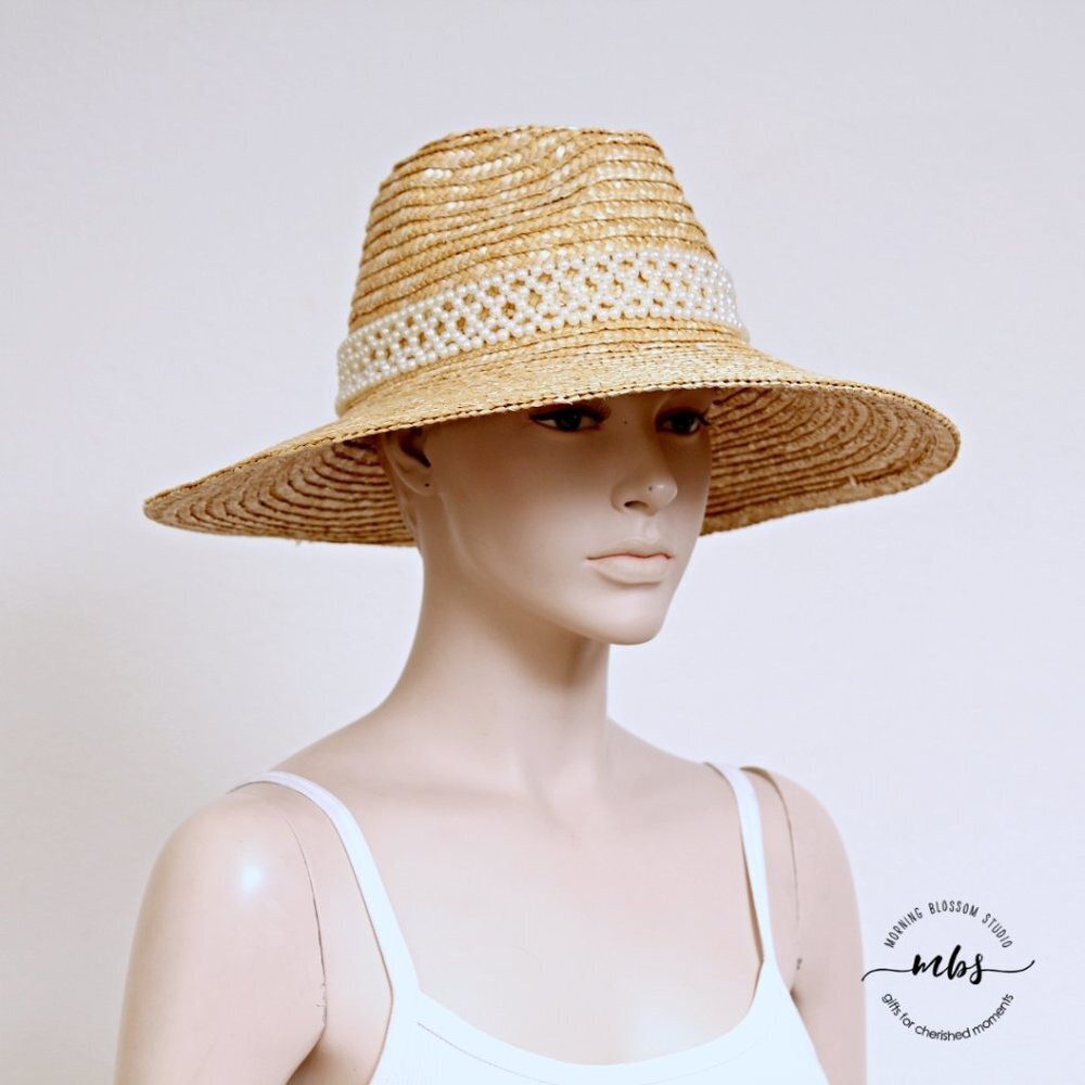 Wide Brim Straw‎ Hat with Faux Pearl Ornament and Adjustable Headband